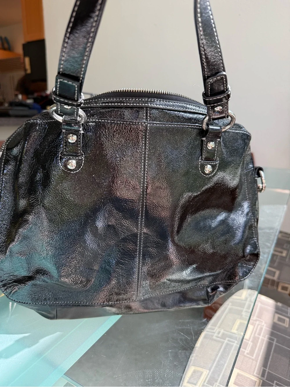Coach Black Patent Leather Satchel with Silver Hardware